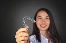 smiling woman holding Invisalign