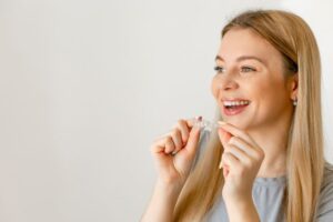 Smiling woman holding clear aligner close to her mouth